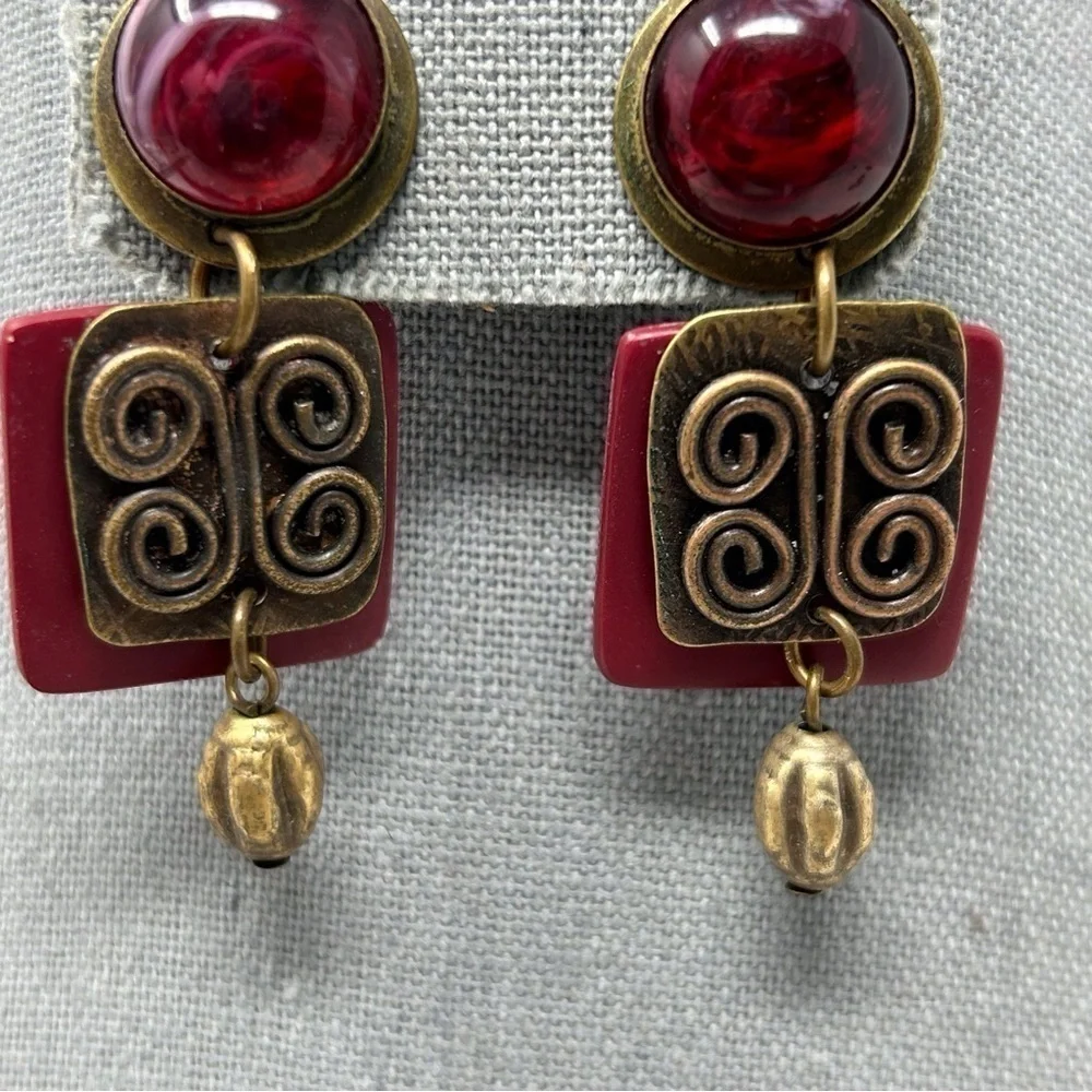 Boho Red Swirl Stud Dangle Earrings with Bronze Swirl Knotted Design Unique